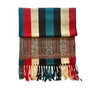 Pashmina Scarf Bold Stripes & Pattern Turquoise Red Navy Tan Gold Fringe EUC
